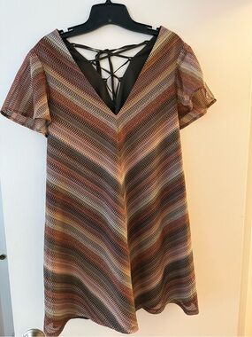 Women's V-Neck Striped Dress in Brown Multi Medium